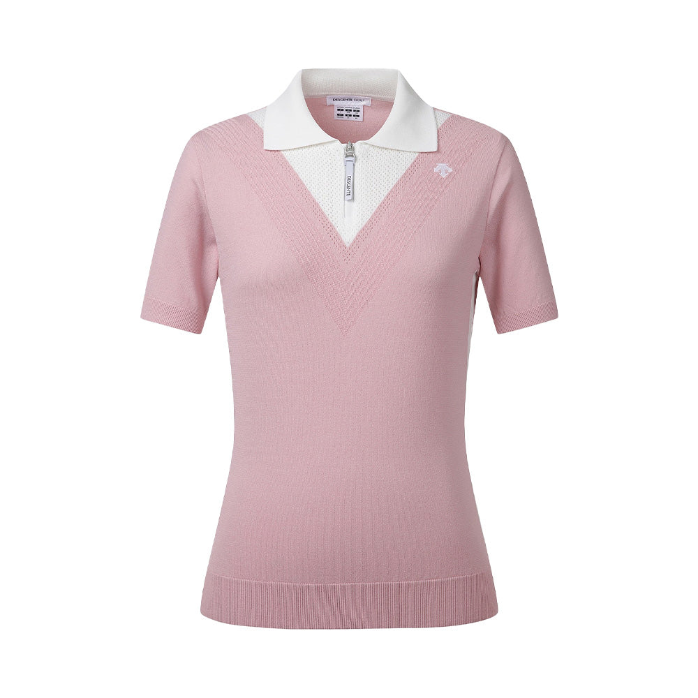 KNIT COLLARED SHORT-SLEEVE SWEATER 女士 半開襟拉鍊短袖上衣